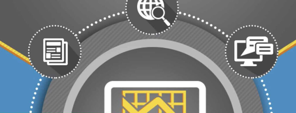 SEO strategy diagram with icons and charts.