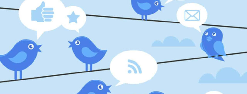 Blue birds communicating on wires with icons