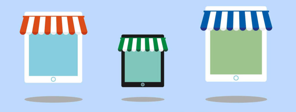 Digital devices with colourful storefront awnings.