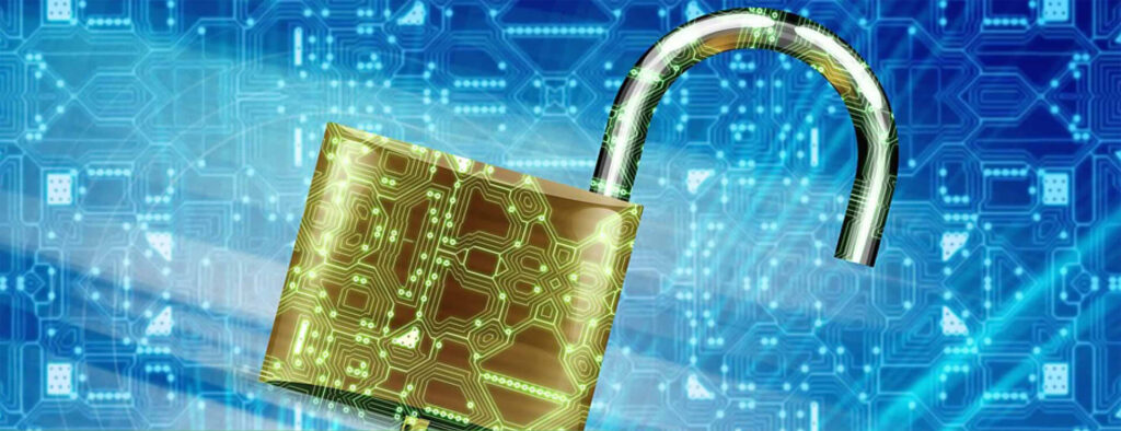 Digital padlock with circuit background.