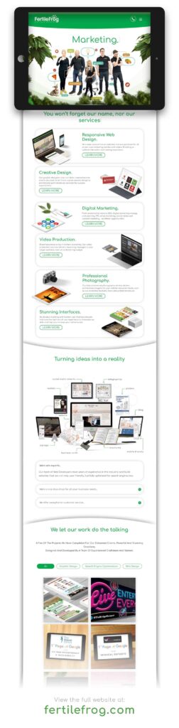 Fertile Frog marketing services overview on tablet.