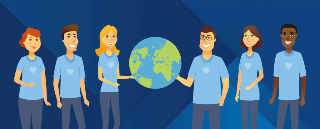Illustration of diverse group holding Earth globe.