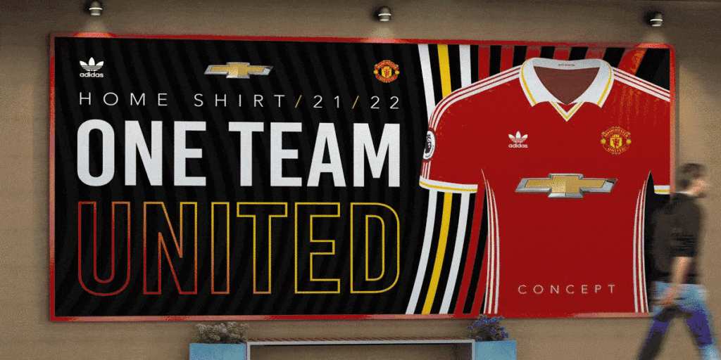 Manchester football club 21/22 home shirt display.