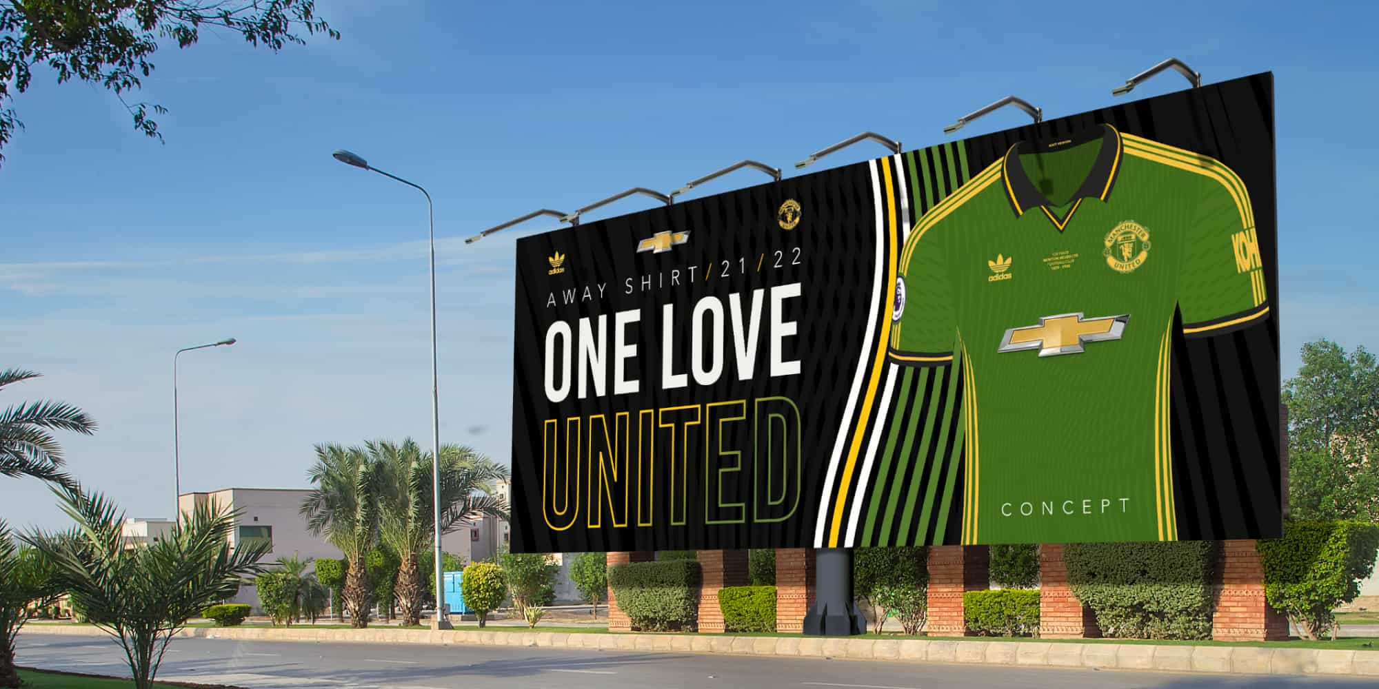 Manchester football club away kit billboard advertisement.
