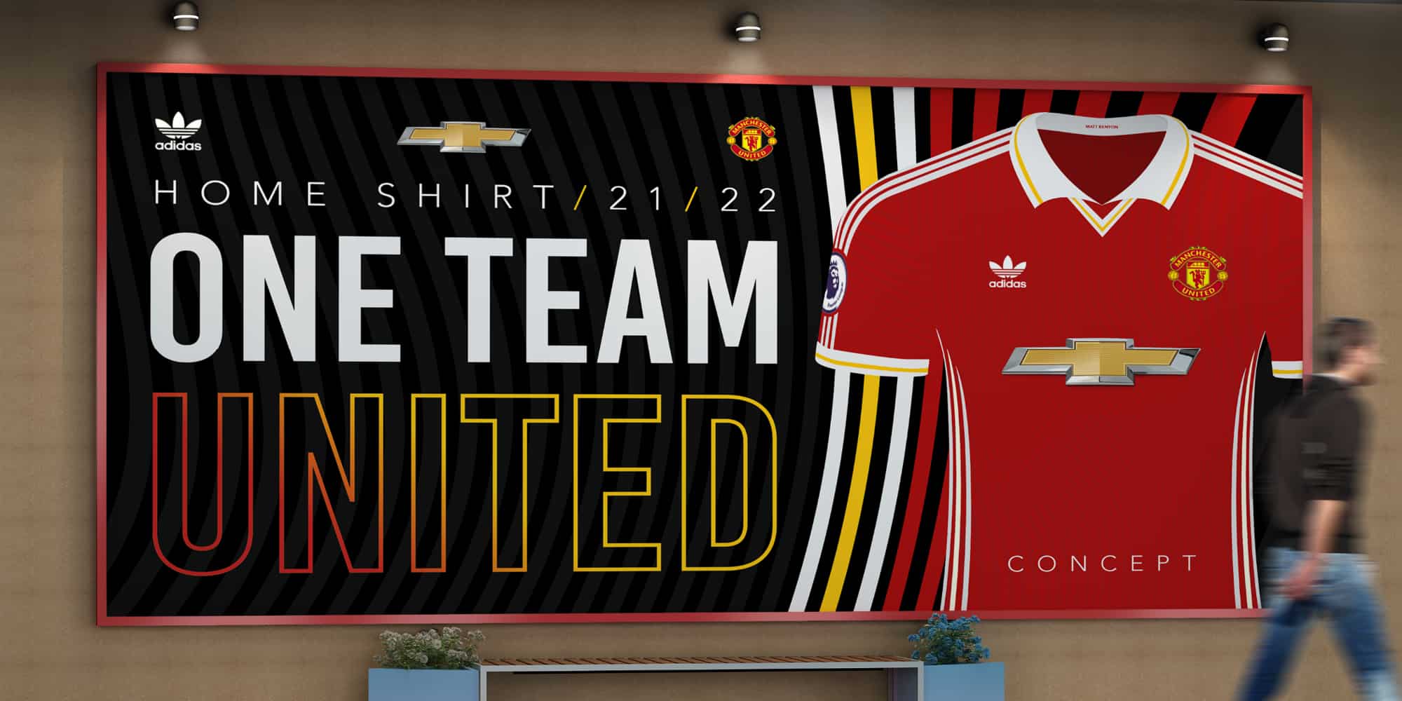 Manchester United 2021/22 home kit advertisement featuring Adidas.
