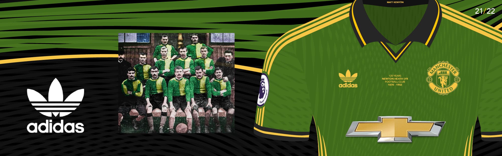 Green Adidas football kit with historical team photo.