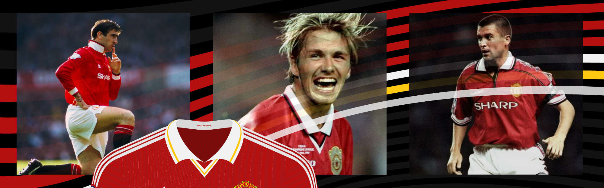 Manchester United players in classic kits on colourful background.