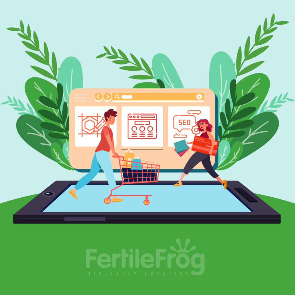 Digital marketing concept with shopping cart illustration.