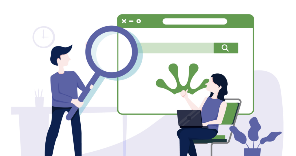 Illustration of people discussing online search findings.