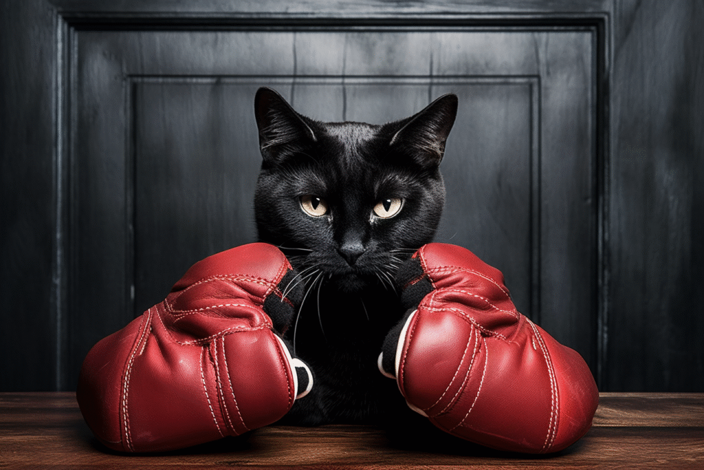 Black cat wearing red boxing gloves.