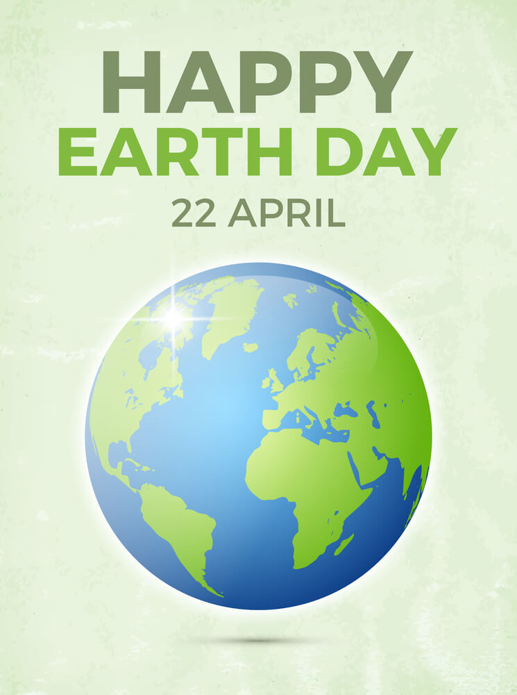 Illustration of Earth with 'Happy Earth Day' text.