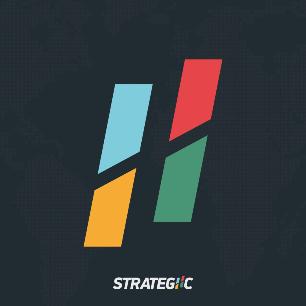 Strategic logo with colourful bars on dark background.
