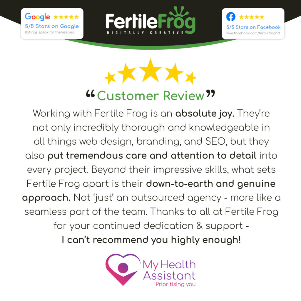 Fertile Frog customer review praising web design services.
