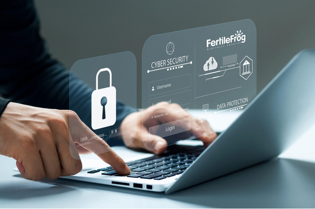 Cybersecurity login screen with lock icon on laptop.