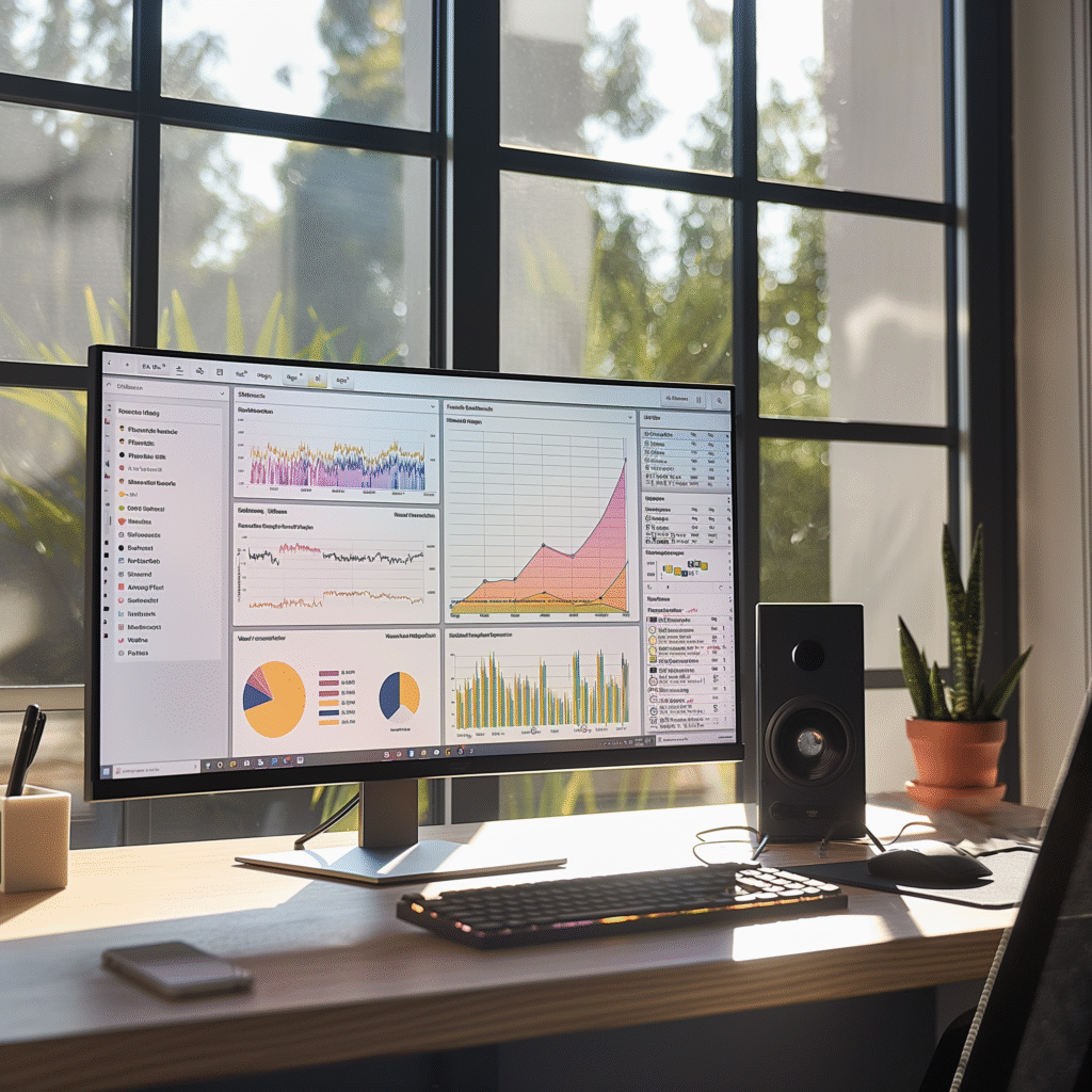 Office desk with computer displaying data charts.
