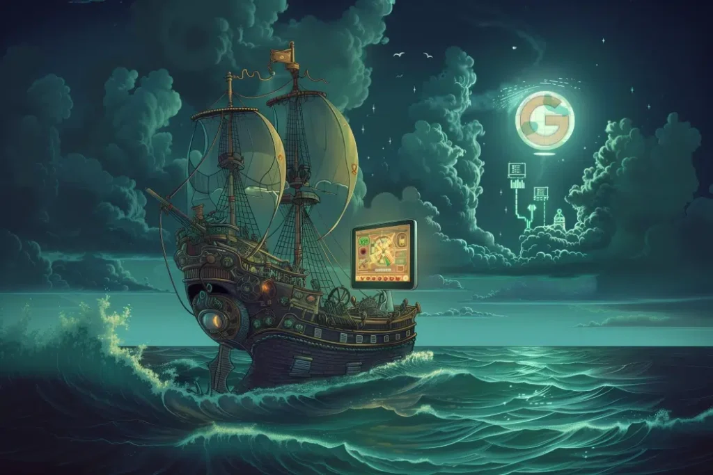 Retro ship sailing under digital sky.