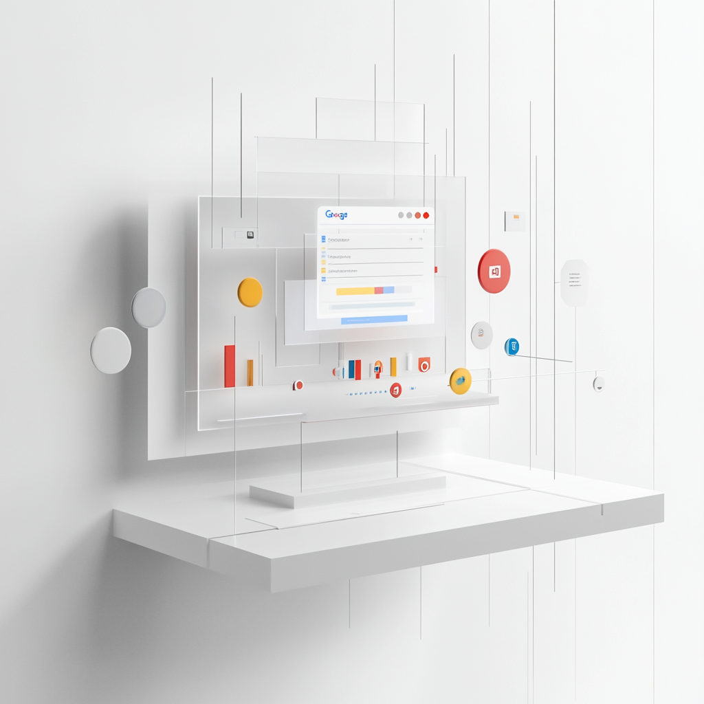 Abstract digital interface with charts and icons.