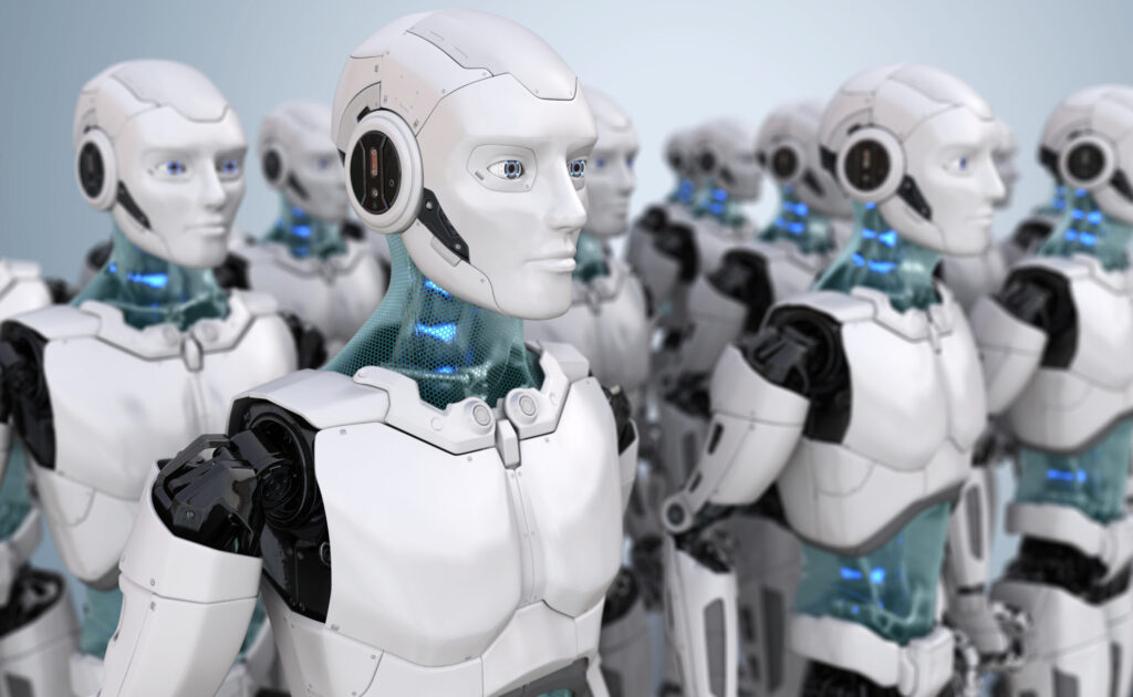 Group of futuristic humanoid robots in formation.