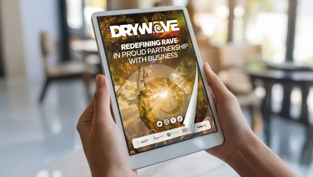 Tablet showing rave event partnership flyer