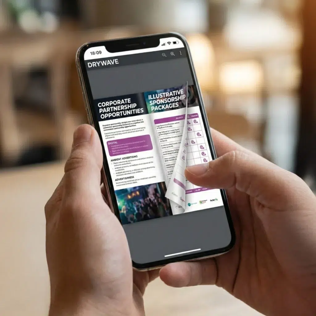 Fertile.Digital | Drywave – Brand Identity & Sponsorship Package Supporting £3.5K-£15K Partnership Tiers Hands holding smartphone displaying partnership brochure.