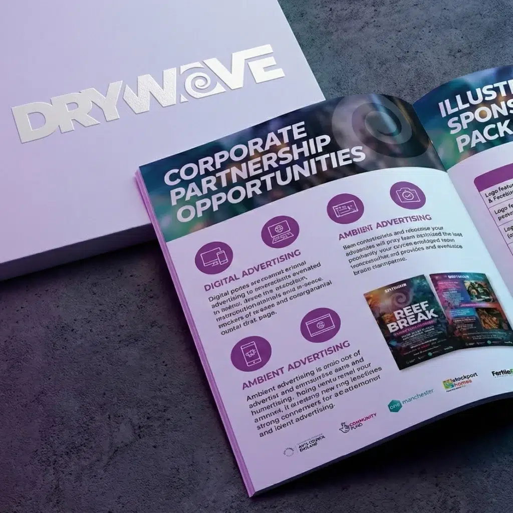 Fertile.Digital | Drywave – Brand Identity & Sponsorship Package Supporting £3.5K-£15K Partnership Tiers Corporate partnership opportunities brochure on table.