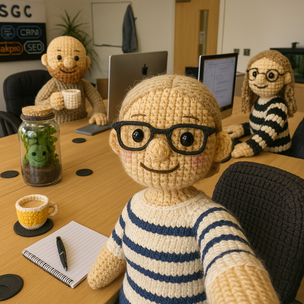 Crocheted figures office meeting with computers