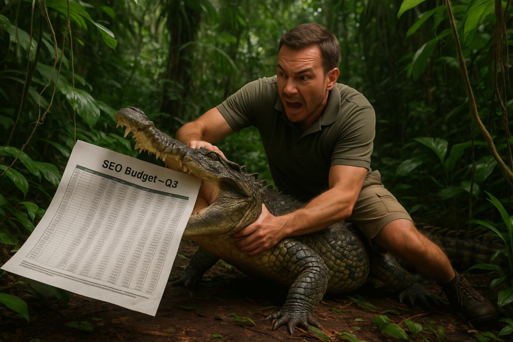 Man wrestling alligator holding SEO budget sheet.