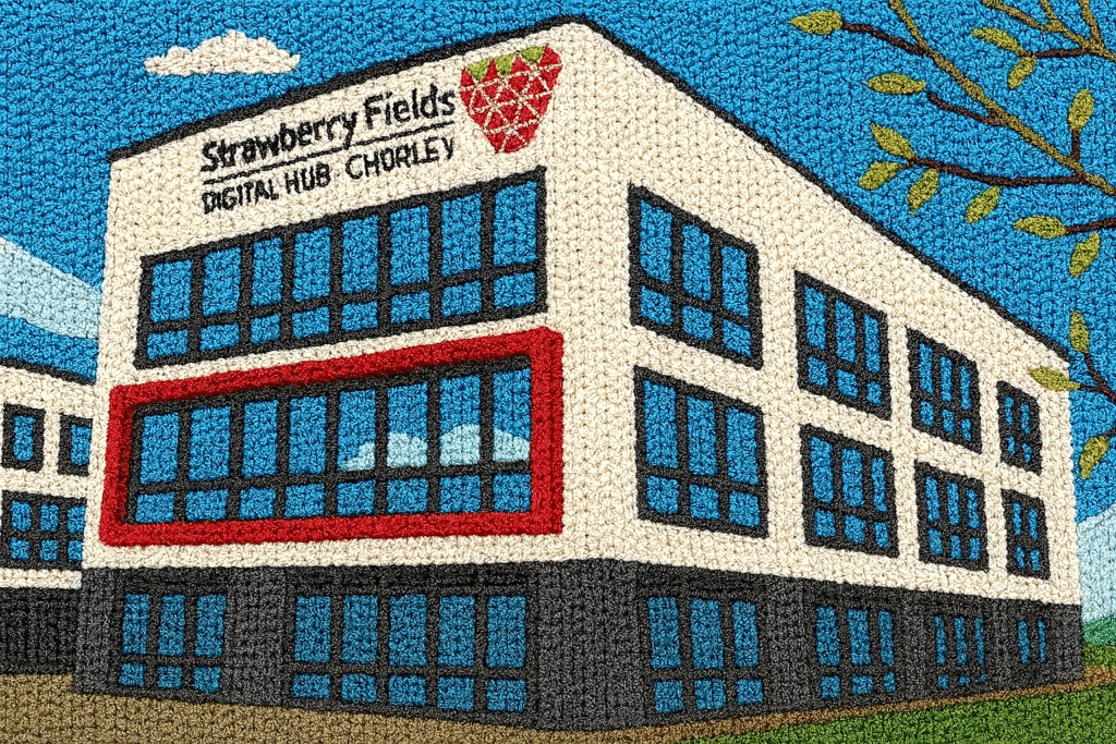 Wool art depicting Strawberry Fields digital hub building.