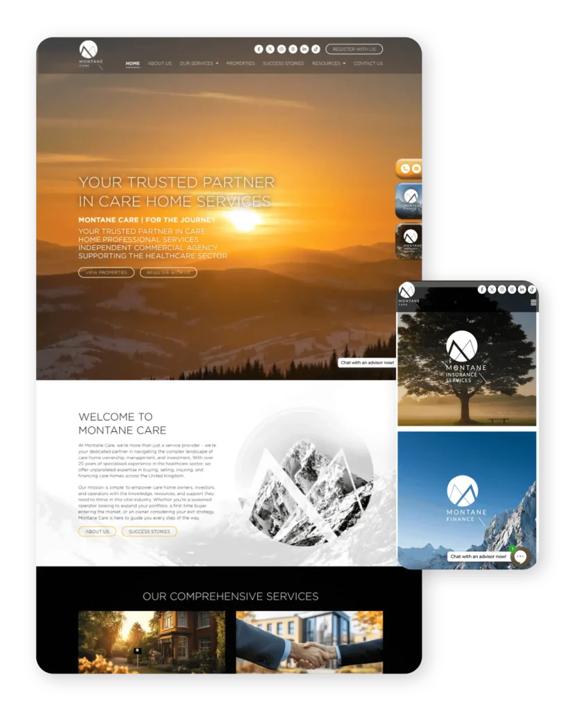 Montane Care home services website design with sunset.