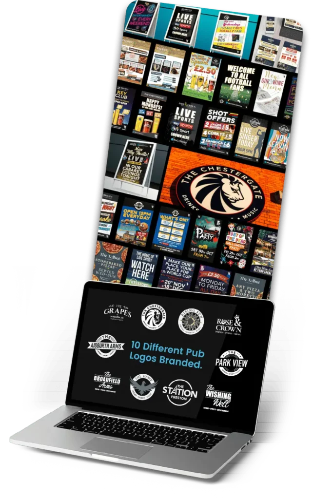 Collage of pub event posters and logos.