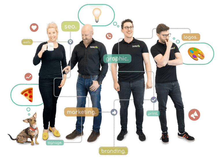 Team discussing SEO, marketing, graphic design, branding.