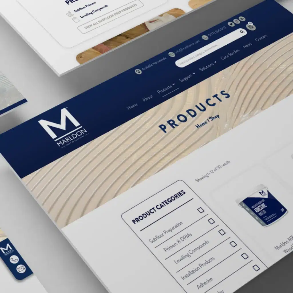 Marldon product website layout and navigation menus.