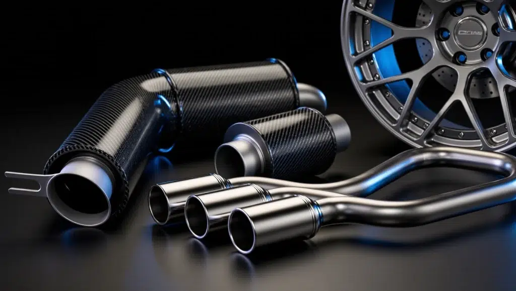 Carbon fibre car exhaust and alloy wheel close-up.