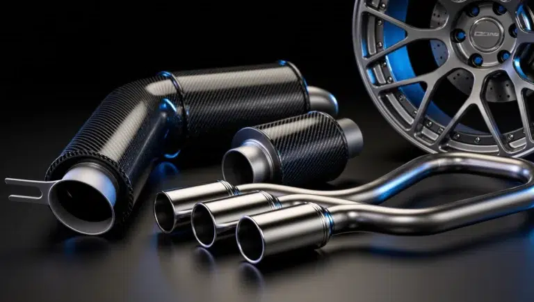 Carbon fibre car exhaust and alloy wheel close-up.