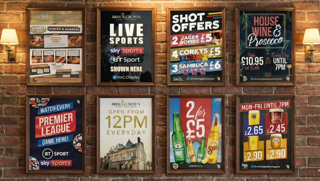 Pub promotional posters for drinks and sports events.