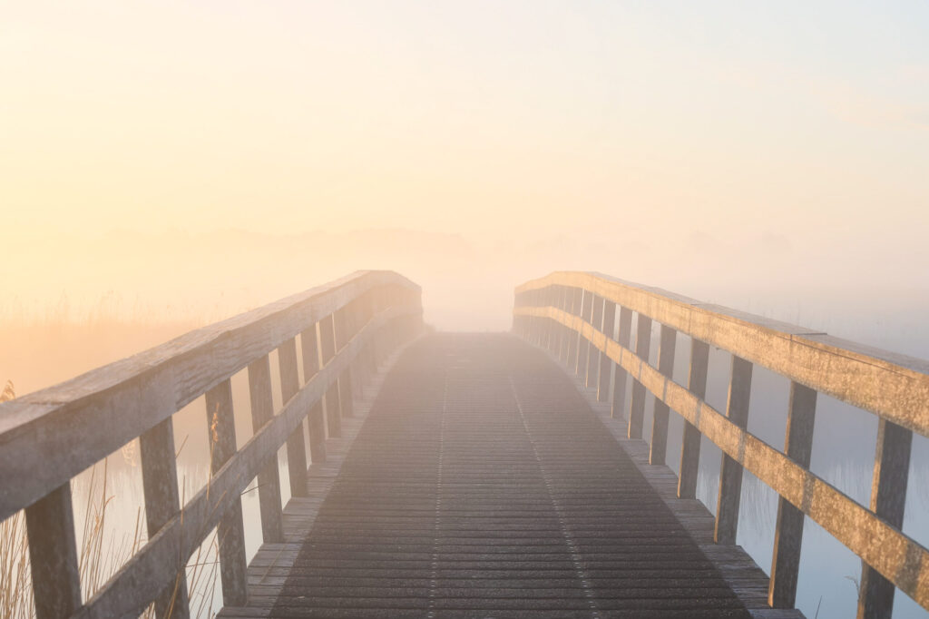 Wooden bridge in misty sunrise landscape
