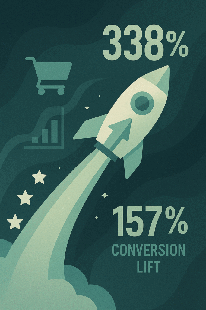 Rocket illustrating conversion boost by 338% and 157%