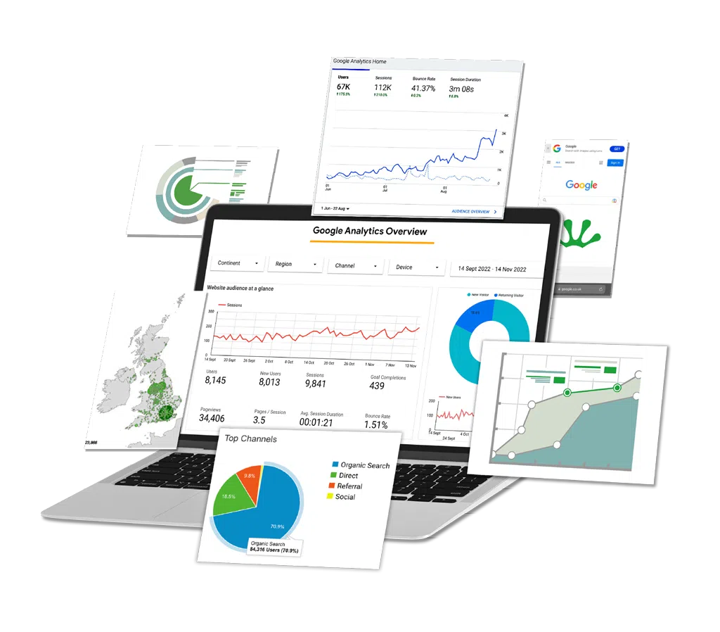 Google Analytics graphs and charts displayed on laptop
