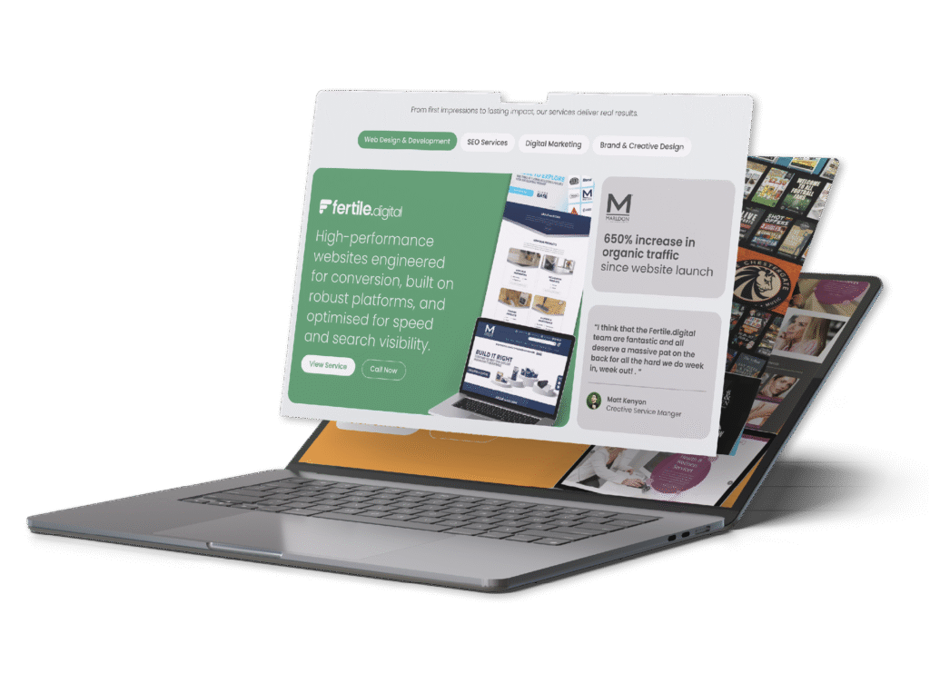 Laptop showing website design and SEO services.