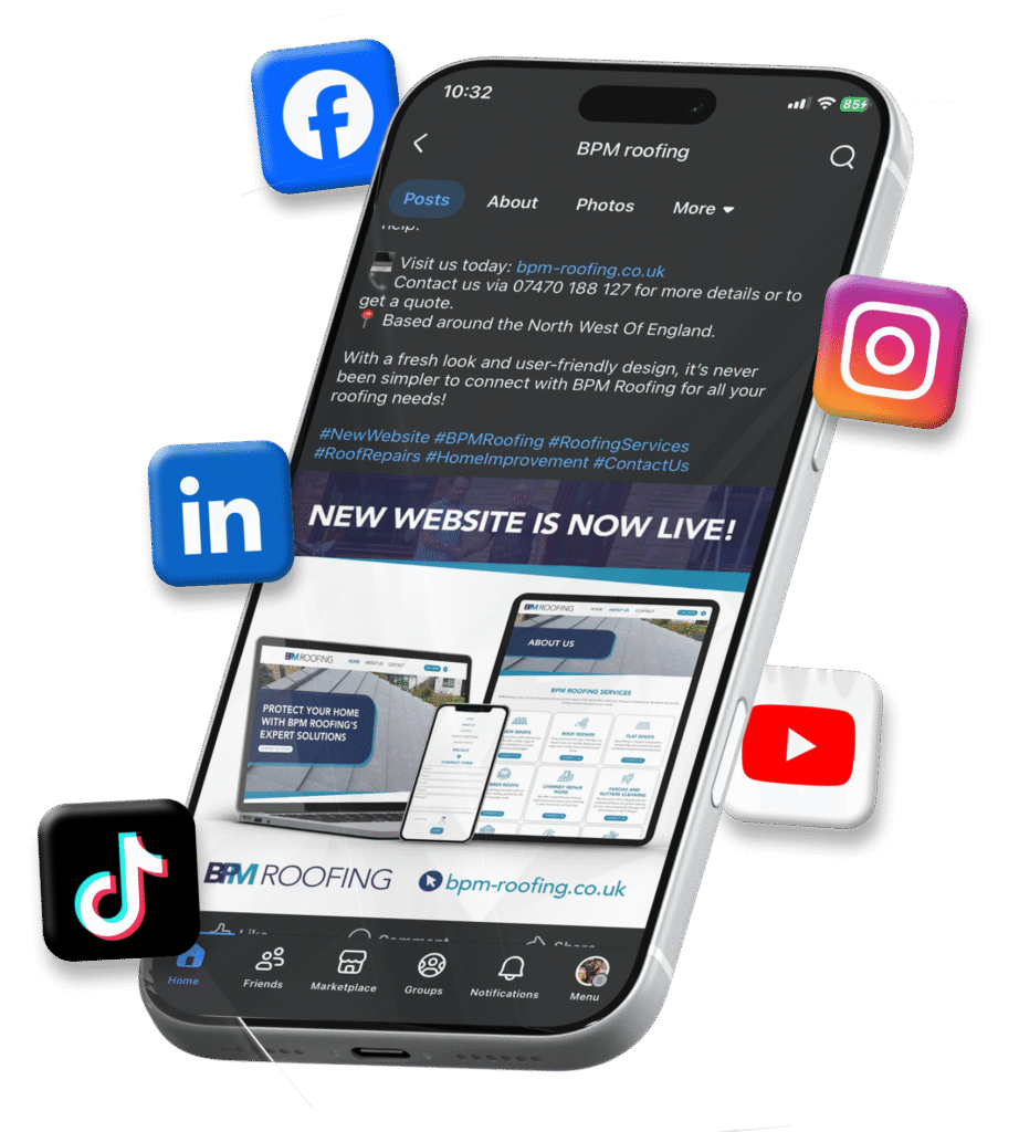BPM Roofing website on smartphone with social media icons.