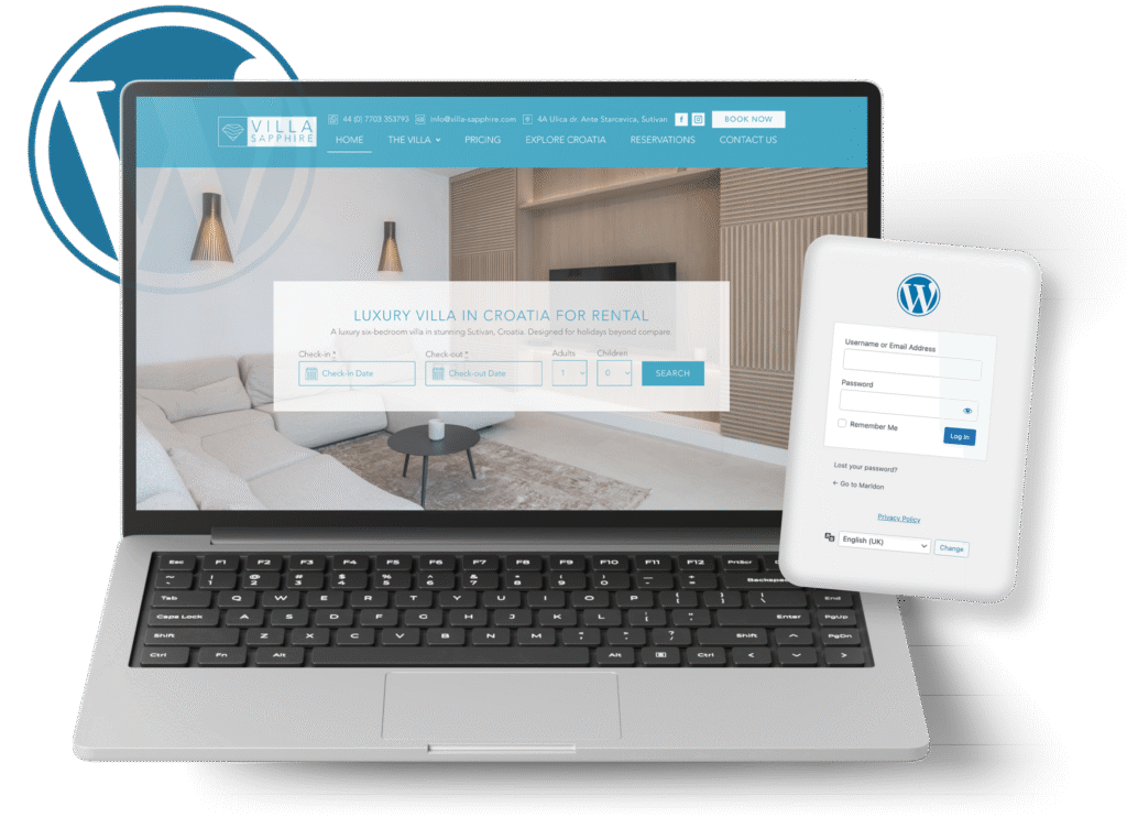 Laptop showing luxury villa rental site in Croatia.