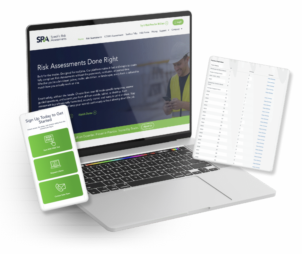 Risk assessment software display on laptop and phone.