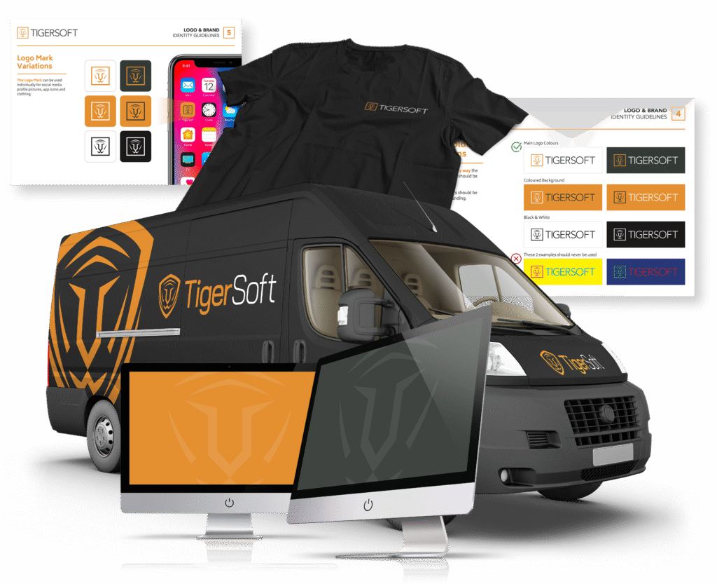 TigerSoft branding on van, t-shirt, devices and guidelines.