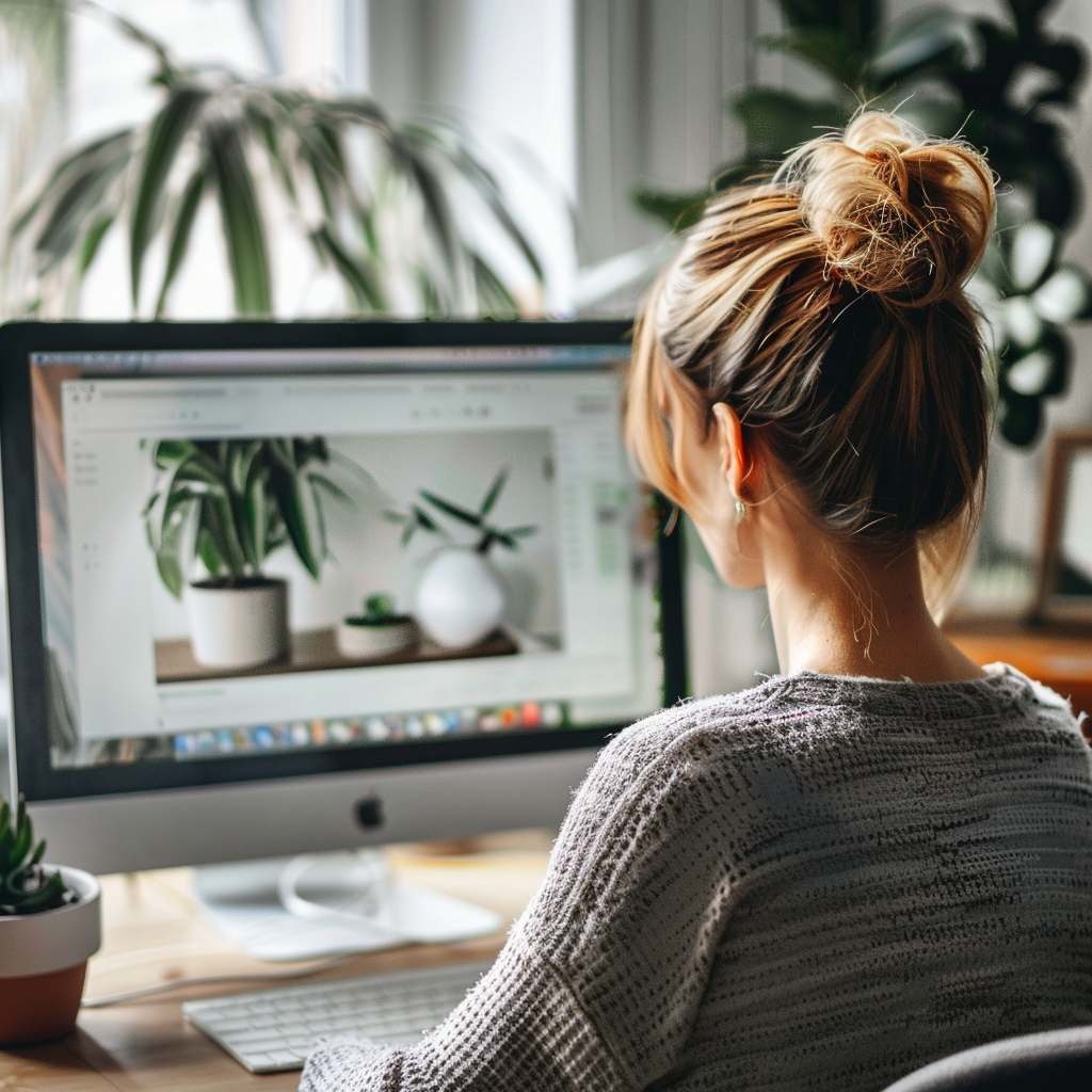 Woman editing plant images on computer