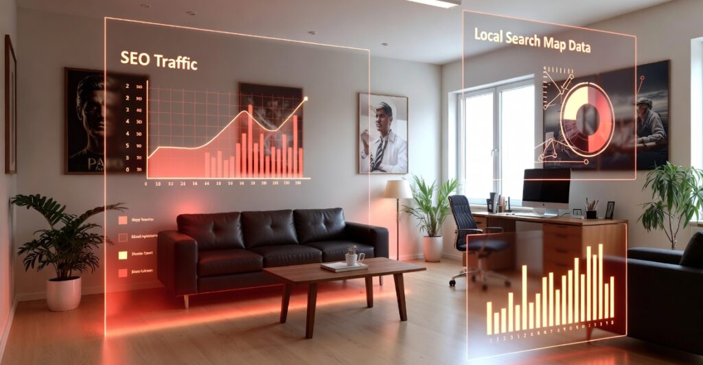 Living room with SEO traffic holograms and charts.