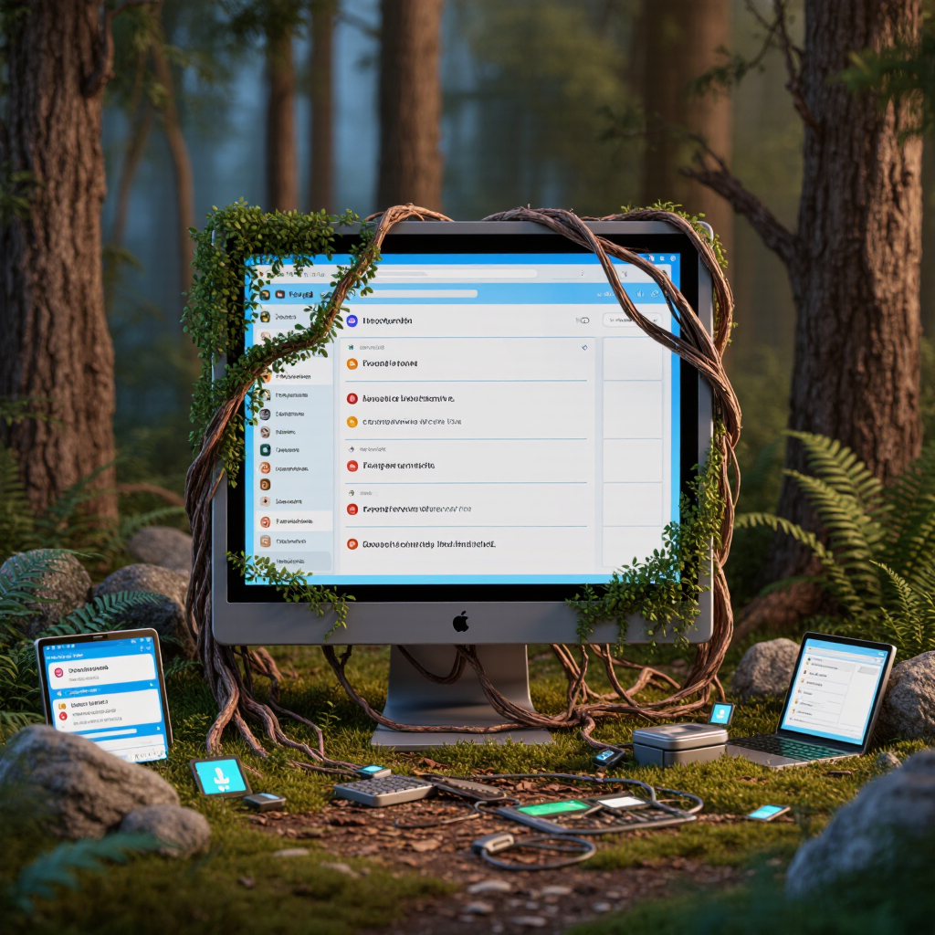 Digital devices in forest setting intertwined with vines.