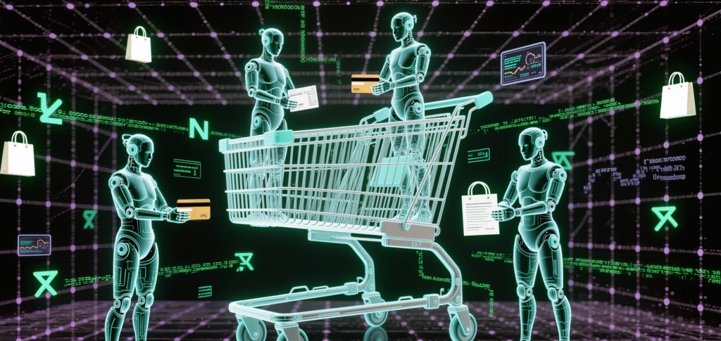 Robots with shopping cart in digital marketplace