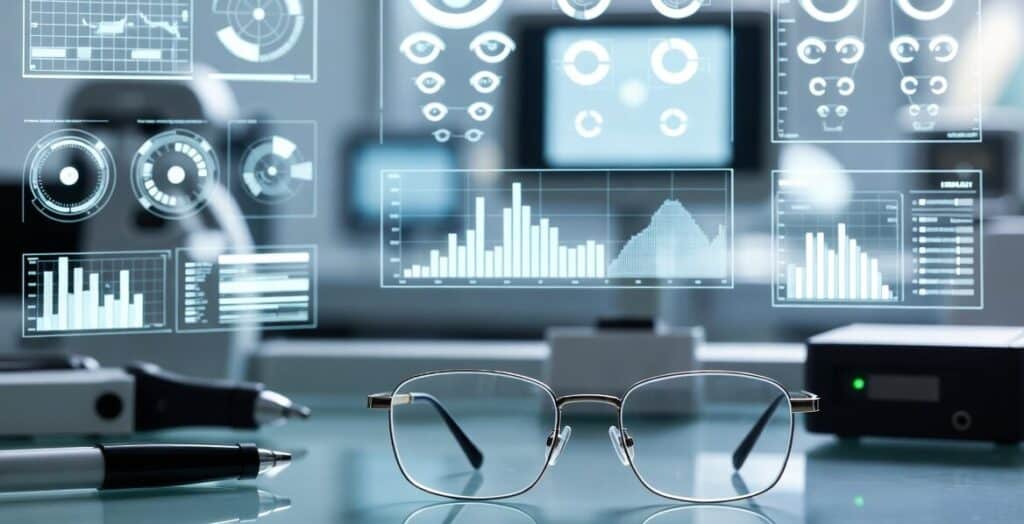 Glasses and data charts on digital screens.