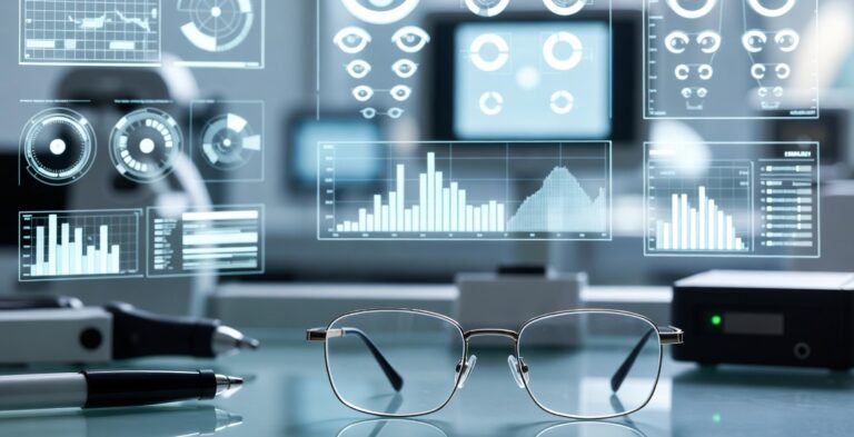 Glasses and data charts on digital screens.