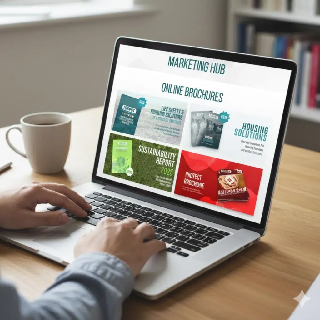 Person viewing marketing brochures on laptop.